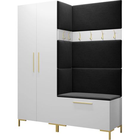Meuble d'entrée Nomal I, Blanc, 196x158x44cm, Stratifié, Tissu, Murale, À poser