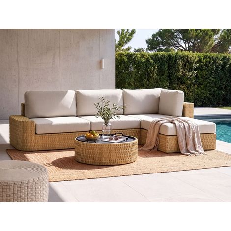 Conjunto de jardín sofá de 4 plazas de ratán sintético mesa de centro con tablero de bandeja cojines beige izquierdo Oliveri (1/5)