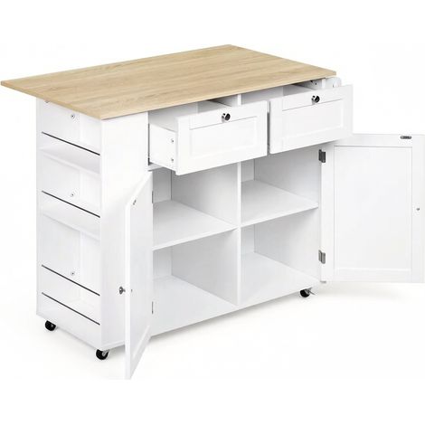 Îlot de cuisine moderne avec plan de travail pliable en bois mélaminé chêne clair et blanc (1/5)