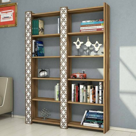 Dmora - Bibliothèque Alula, Etagère de bureau, Porte-livre mobile, Librairie, 125x24h170 cm, Noyer et Blanc, avec emballage renforcé (1/4)