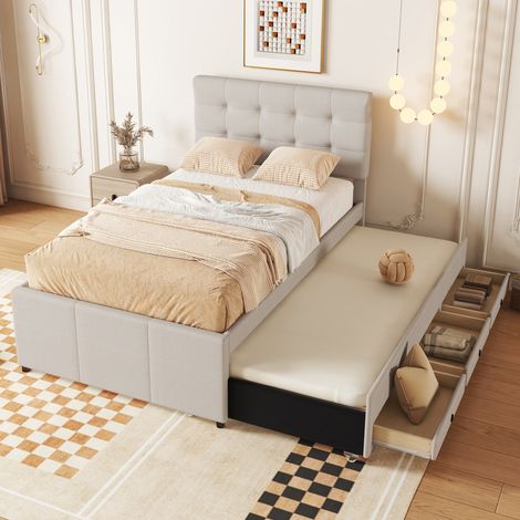 Cama tapizada de lino beige 90x200 cm con cama nido 90x190 cm, 3 cajones y cabecero ajustable (1/5)