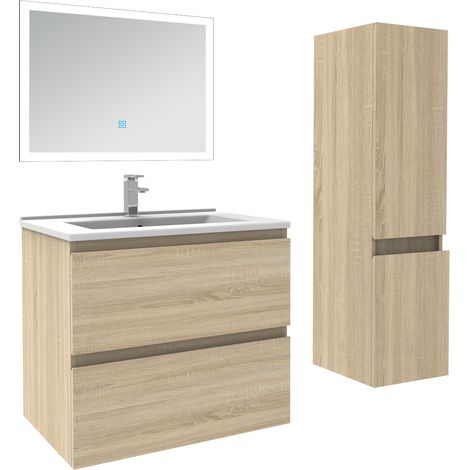 Ensemble meuble de salle de bain 60cm, vasque céramique + colonne + miroir lumineux, chêne
