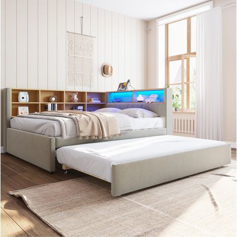 Sofá cama 140x200 cm gris claro de flanela con LED, enchufes y almacenaje (1/5)