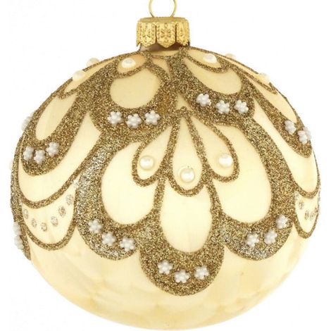 Pallina per albero di Natale in vetro color champagne con motivi floreali da 10 cm (1/4)