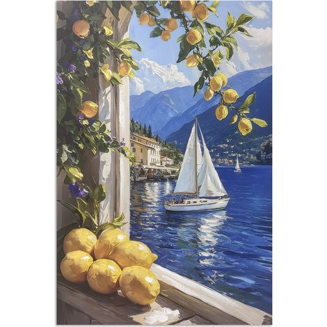 Peinture de paysage avec des citrons et un bateau sur un lac (1/5)