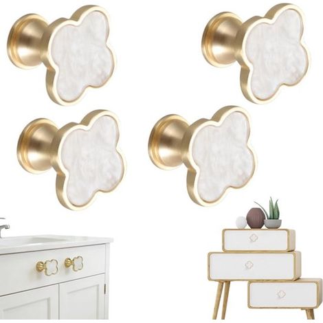 Poignées de meuble lot de 6 en alliage de zinc - boutons décoratifs en trèfle avec vis pour cuisine, blanc (1/5)
