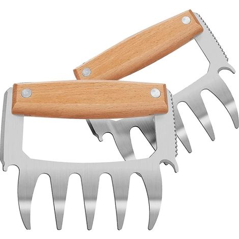 2 griffes à viande en acier inoxydable avec manche en bois, griffes multifonctionnelles pour effilocher le porc et le bœuf au barbecue, permettant de soulever et d'effilocher facilement la viande.