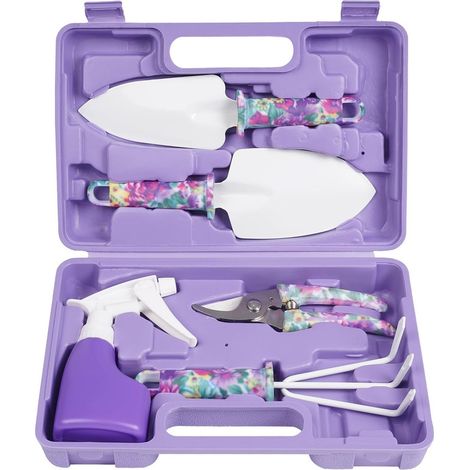 Kit complet outils de jardinage 5 pièces en acier inoxydable avec manche ergonomique, boîte de rangement incluse, outils essentiels pour jardinage, plantation et désherbage, violet (1/5)