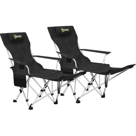 Lot de 2 chaises de camping pliante inclinable avec repose-pieds, sac de rangement, porte-gobelet et appui-tête, noir (1/5)