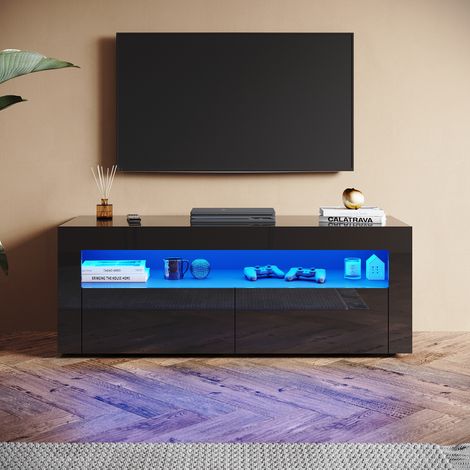 SONNI TV-Schrank mit LED-Lichtern, 2 Ausziehbaren Türen, Hochglanz Stand TV Board Geeignet für Wohnzimmer und Schlafzimmer, Schwarz, 1200 x 400 x 450 mm (1/5)