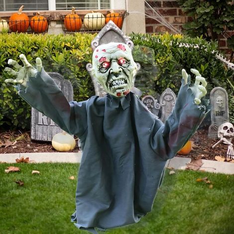 Décoration extérieure avec son et mouvement, décoration d'Halloween pour jardin, décoration squelette d'Halloween pour votre maison, scène de cimetière ou fête d'Halloween (75 x 100 cm, bleu) (1/5)