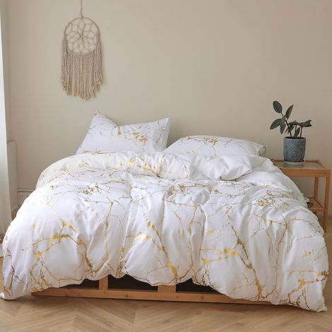Housse de Couette 220x240 Marbre Blanc Doré Parure de Lit Adulte 2 Personnes en Microfibre Housse Couette Linge de Lit 220 x 240 avec Fermeture éclair et 2X 65x65cm Taies d'oreiller (1/5)