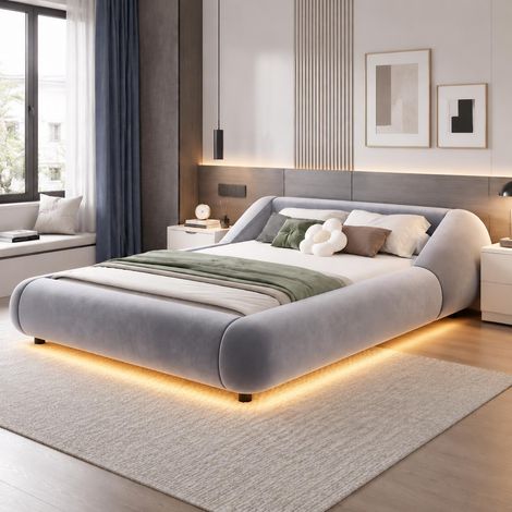 Lit double 140 x 200 cm, lit capitonné, tête de lit enveloppante, éclairage LED et cadre flottant, velours, Gris (1/5)