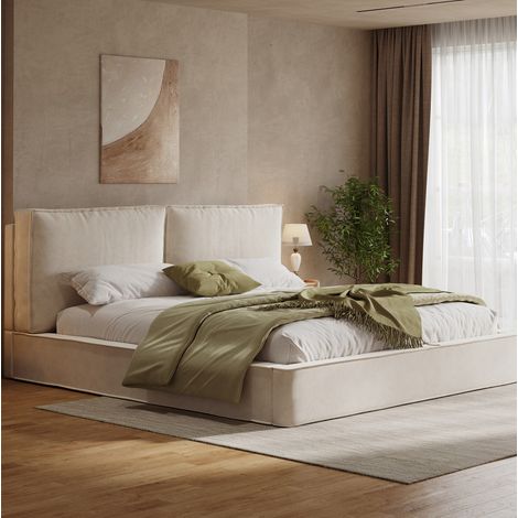 Lit double moderne 160x200 cm en chenille beige, avec tête de lit rembourrée 105 cm et sommier à lattes (1/5)