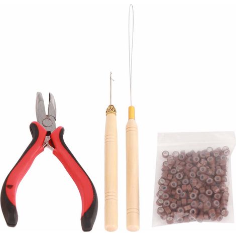Lot de 4 Crochets à Cheveux en Bois Pointe Courbée, Aiguilles à Tisser avec Anneaux en Silicone Marron, Outils de Pose d'Extensions (1/5)