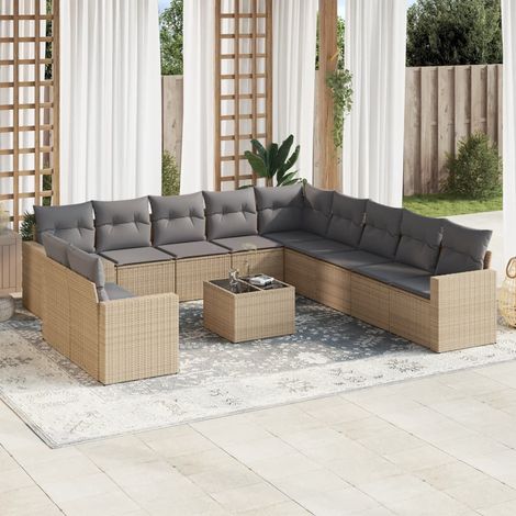Ensemble de Salon de Jardin 12 Places en Résine Tressée Beige avec Coussins Gris, Table en Verre Trempé et Sièges Modulaires (1/3)
