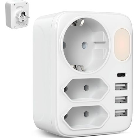 Adaptateur secteur standard européen avec veilleuse, 3 ports USB + port de charge rapide Type-C (1/5)