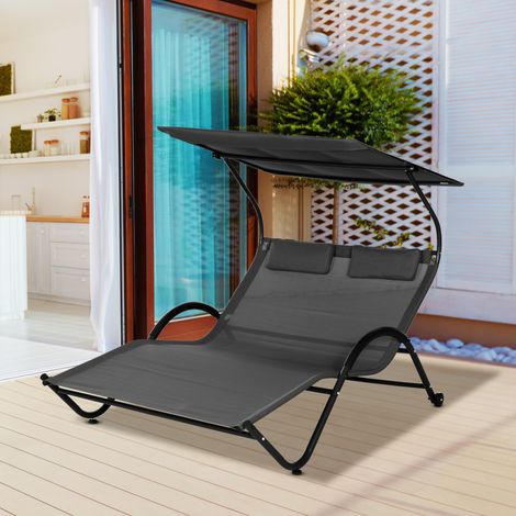 Lettino prendisole/sedia da giardino con tettuccio, cuscino e ruote in acciaio grigio scuro e poliestere