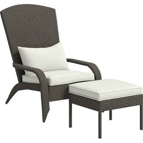 Chaise de jardin avec repose-pieds et coussins rembourrés, en rotin et acier, 64 x 82 x 89 cm, gris et crème (1/5)