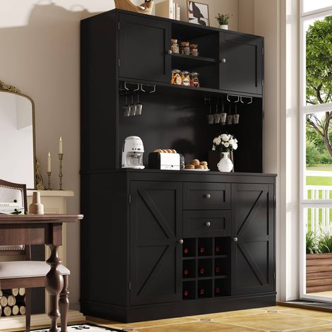 Buffet de cuisine haut noir 120 x 40 x 188 cm, 4 portes, tiroirs, casier à vin, porte-verres et étagères réglables (1/5)