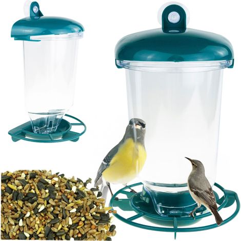 TG80443 Hängender Vogelfutterspender für Körner, Futter, Fenster, transparent, mit Dach, Tränke (1/5)
