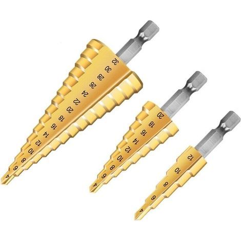 3PCS Foret Étagé Métal, 4-12/20/32mm Fraise Etage Metal Triangle Conique Titane, Meche Etage Tige à Hexagone pour Visseuse sur Métal Acier, Bois, Laiton, Aluminium, Plastique (1/4)