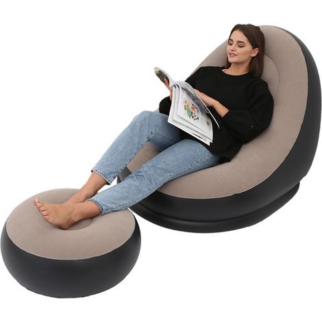 Fauteuil gonflable pliable en PVC floqué confortable avec repose-pieds, idéal pour le camping, les voyages et les pauses café. (1/2)