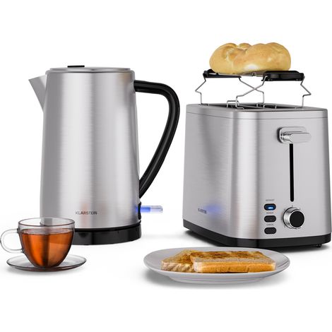 Klarstein Verosteel Toaster Wasserkocher Set - Edelstahl, 2 Scheiben Toaster mit 7 Bräunungsstufen & Brötchenaufsatz, 1,7L Wasserkocher mit Kalkfilter, Frühstücksset