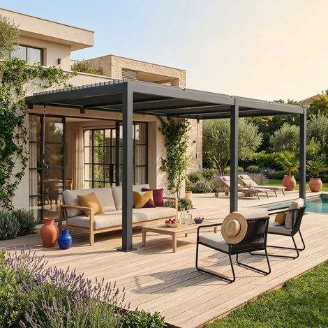 sweeek - Pergola bioclimatique aluminium adossée lames orientables 5x3m anthracite Palace (1/5)