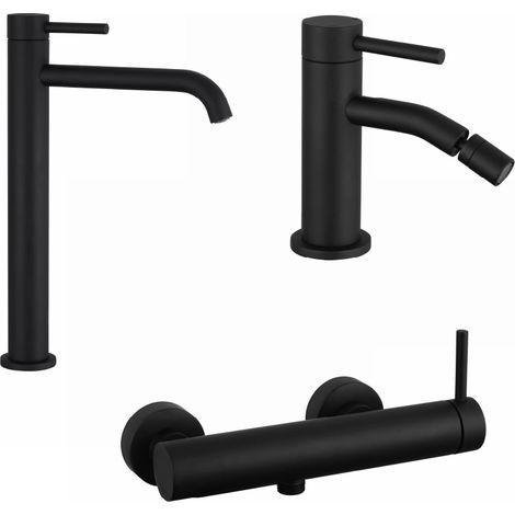 Set Miscelatori con Lavabo Alto, Bidet senza Scarico ed Esterno doccia in Ottone Nero Opaco Mod. Bette (1/5)