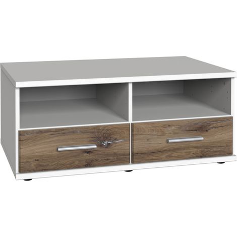 Meuble TV bas coloris Blanc, rechampis imitation chêne Flagstaff - Longueur 92 x Hauteur 38 x Profondeur 58 cm -PEGANE-