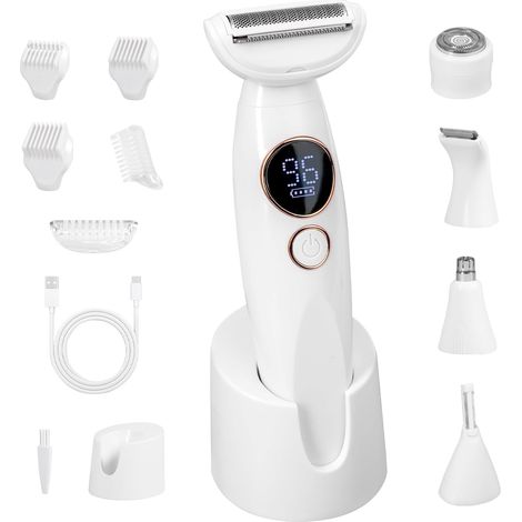 5-in-1 Elektrorasierer & Bikinitrimmer für Damen – IPX7 wasserdichter Intimrasierer für Gesicht, Körper, Bikinizone & Augenbrauen – Kabelloser Damenrasierer mit USB-Ladestation