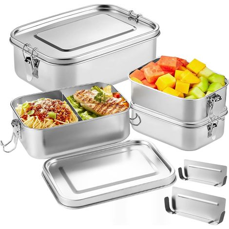 Boîte à bento en acier inoxydable, 500 ml + 500 ml + 800 ml + 1 400 ml Boîtes à bento en acier inoxydable avec compartiments 800 ml + 1 400 ml, pour salade, adultes, pain, déjeuner (1/5)