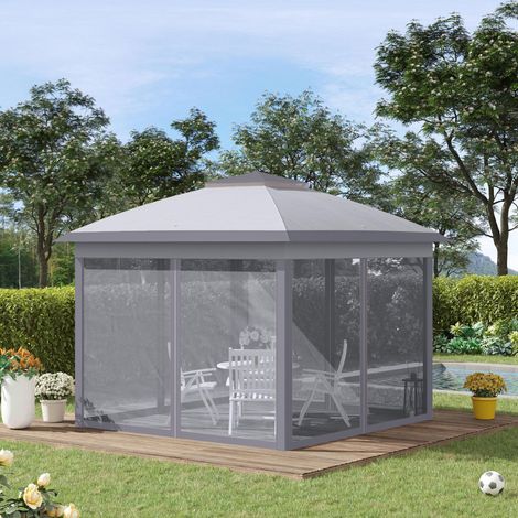 Tonnelle pliante pop-up 3x3 m à toit double avec 4 moustiquaires amovibles, structure métal, polyester gris (1/5)