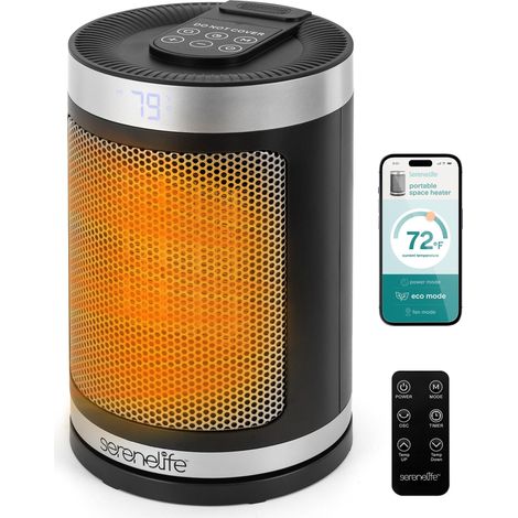 SereneLife Termoventilatore e Stufetta Elettrica da Bagno, 1500 Watt PTC Ceramico Wi-Fi Telecomando Timer 12 h 15 x 15 x 24 cm per Casa e Ufficio, Nero, Capacità Flusso Aria Elevata, SLSPCHTRW3BK (1/5)