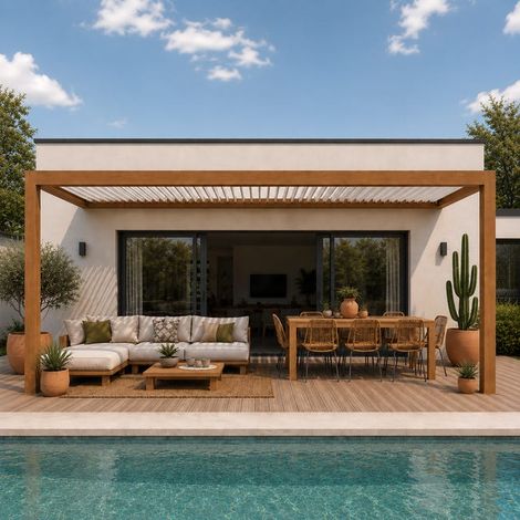 Pergola Bioclimatique Aluminium Adossée Aspect Bois 5x3,5 Manuelle S ORIAL France (1/5)