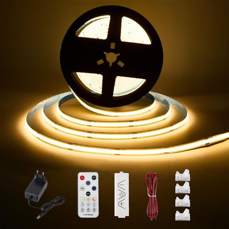 Ruban LED COB Blanc Chaud 3 mètres - Kit d'éclairage sous Meuble avec Télécommande RF pour Vitrine, Cuisine, Bureau, étagère, Placard - Adaptateur 24V inclus - 2700K (1/5)
