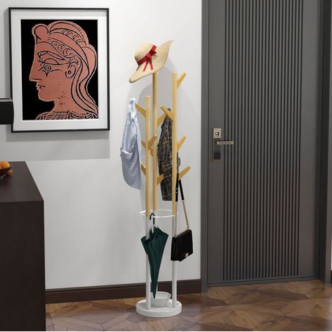 Standgarderobe mit Schirmständer, Bambus und Metall, natur und weiß OKMYHOME (1/5)
