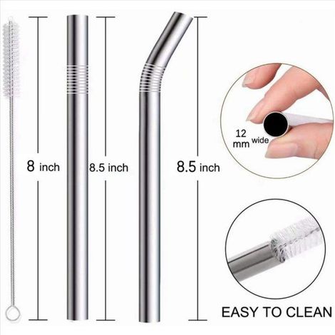 12 Pièces Séries Argent 12mm Pailles Métalliques Réutilisables avec 6 Brosses 304 Pailles en Acier Inoxydable Ensemble Barre à (1/5)