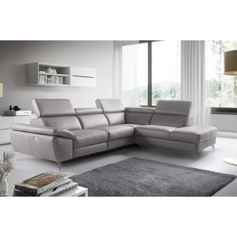 Canapé d'angle relax en 100% tout cuir épais de luxe italien avec relax électrique, 5/6 places KASTER, gris clair, angle droit (1/5)