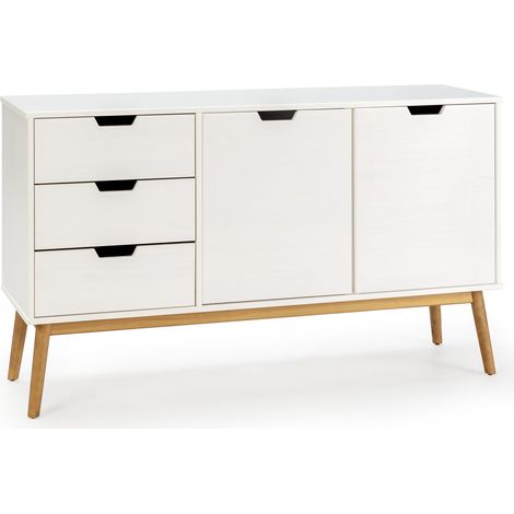 Credenza Baku 3 cassetti e 2 porte bianco, pino massiccio, 140 cm larghezza
