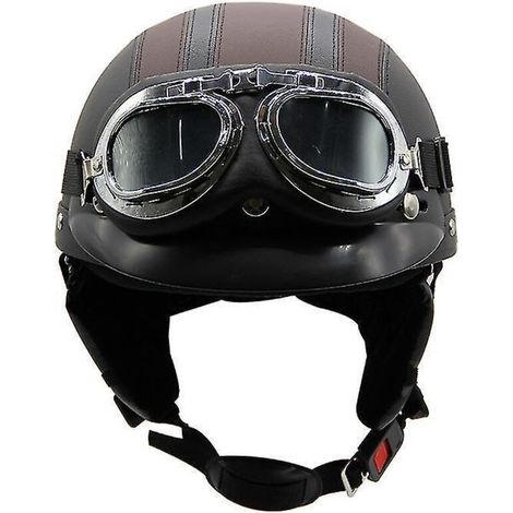 Leichter Sommer-Motorradhelm aus Leder im Retro-Harley-Stil, mit Schutzbrille, trendiger Halbhelm, für Elektrofahrzeuge, schwarz und braun. (1/3)