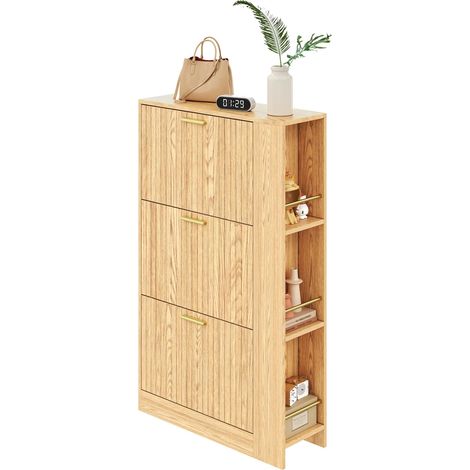 Armoire à chaussures bois trois portes grande capacité, étagères ouvertes modulables élégante et pour entrée