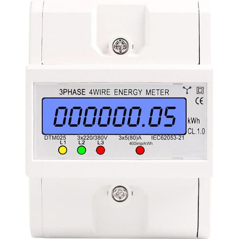 Drehstrom-4-Leiter-Energiezähler, 220/380 V, 5–80 A, Energieverbrauchszähler (kWh), DIN-Schienenmontage, digitaler Stromzähler mit hintergrundbeleuchtetem LCD-Display, weiß (1/5)