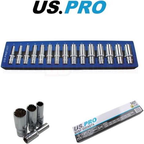 US PRO Tools 15pc 1/2'' Dr 12 Point Deep Sockets In Foam Tray 10 - 24mm 3427 (1/4)