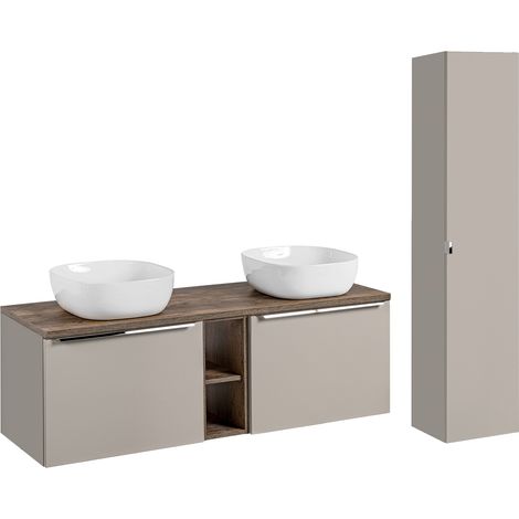 Doppelwaschtisch und Hängesäule 140cm Éros mit 2 Schubladen, Taupe