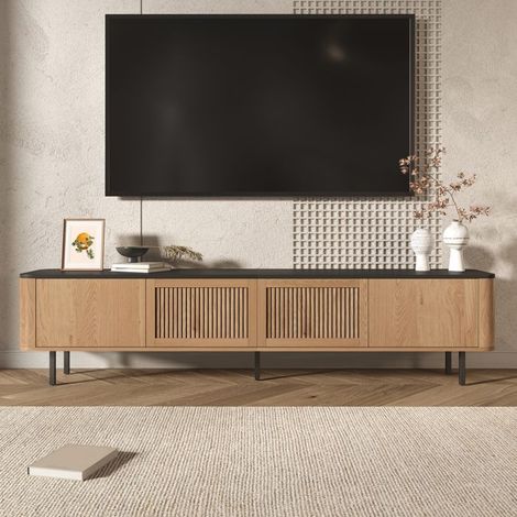 Meuble TV - KOMHTOM - 190x35x45 cm - Chêne - Portes à grille - Pieds métal - Pour TV 70-85 pouces (1/5)