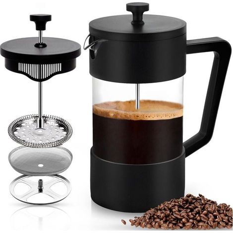 French Press Coffee Maker, 1000ml (5 Cups), French Press Coffee Carafe, Heat Resistant Borosilicate Glass, Triple Stainless Steel Filters, Coffee/Tea Maker (Black) (1/5)