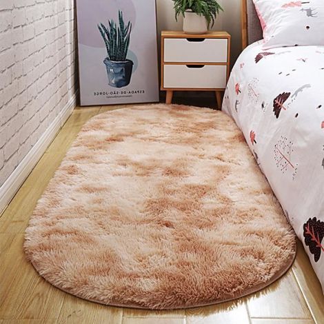 Tapis Ovale Peluche Beige Marron 100x160cm - Tapis de Salon Chambre - Moelleux Shaggy Tapis Sol (1/4)