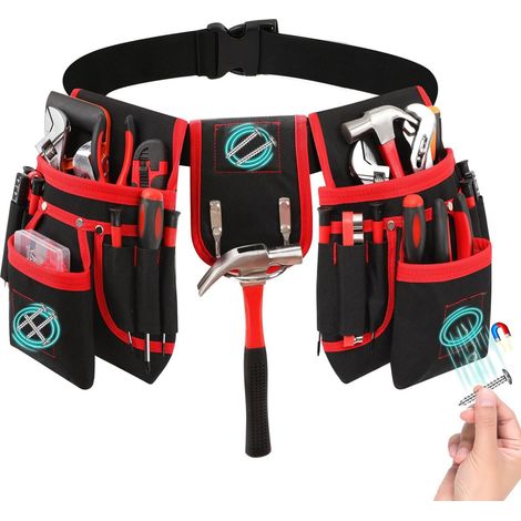 Ceinture à outils pour homme avec 26 poches, sac à outils magnétique amovible, ceinture réglable avec porte-marteau pour électriciens, menuisiers et ouvriers du bâtiment, rouge (1/5)